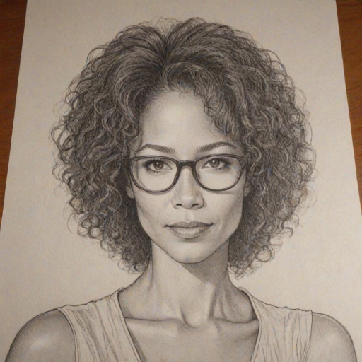 Splendid Sherri Saum, pencil sketch, portrait of Delightful woman 1979s in glasses, hair style beatnik, outline, clear lines, fine lines, 8k