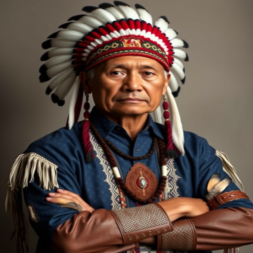 Create a dignified portrait of a Native American man dressed in traditional attire. He wears a beautifully crafted headdress adorned with white feathers and red beads, along with a beaded headband featuring intricate patterns. His clothing includes a deep blue, patterned shirt and a traditional chest piece with detailed beadwork. His arms are crossed, displaying leather armbands decorated with feathers. The background is simple and neutral, emphasizing his proud and stoic expression. The overall image captures the rich cultural heritage and strength of his persona.
