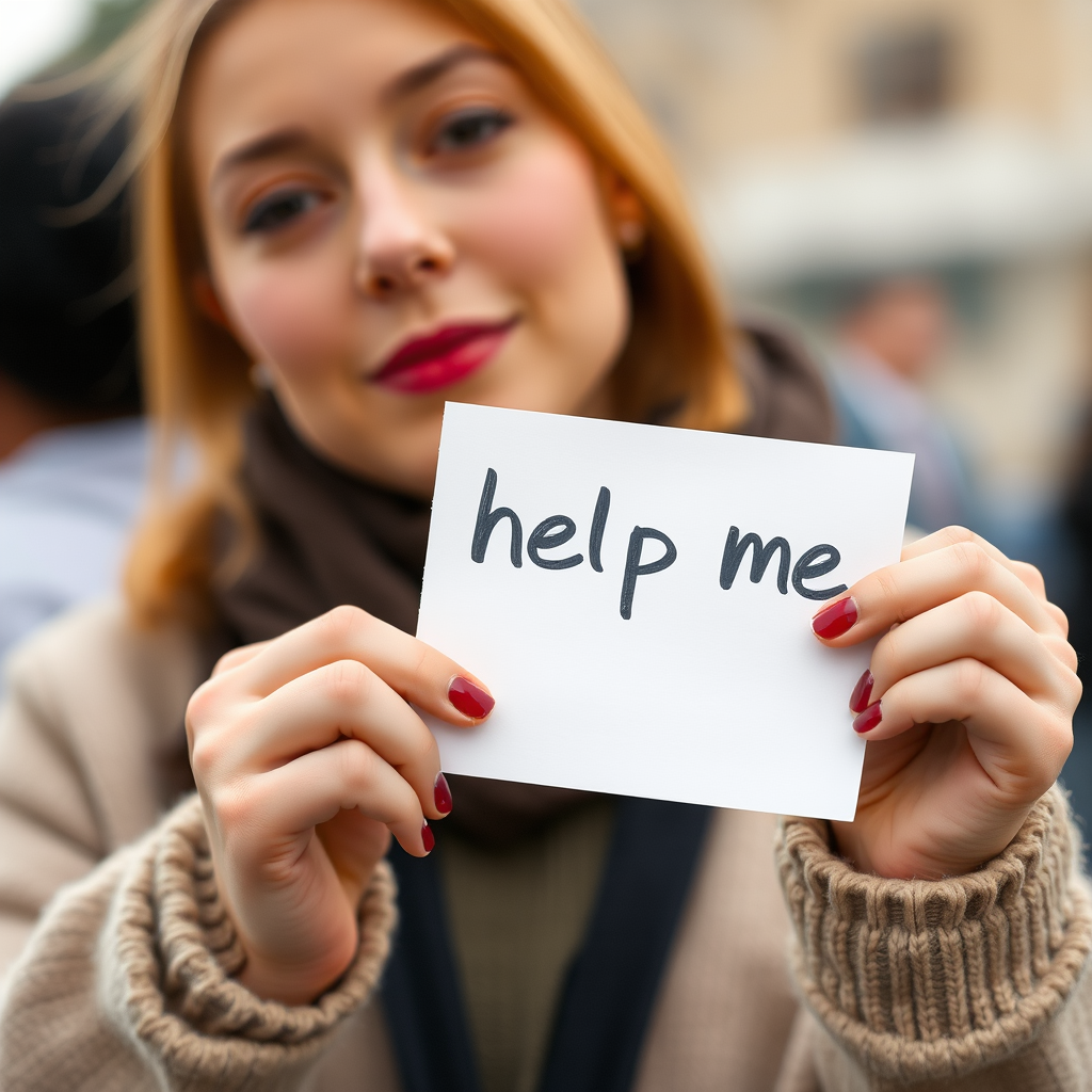 woman holding a note which says "help me"