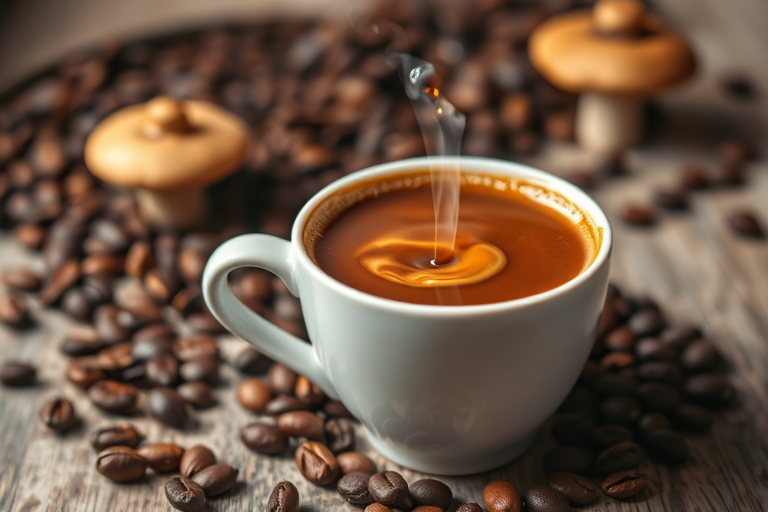 Capture a steaming cup of coffee with a rich caramel splash, surrounded by coffee beans and mushrooms, using a Canon EOS R5, 50mm lens, f/1.8 aperture, ISO 100, with a shallow depth of field and soft lighting to enhance the mood.