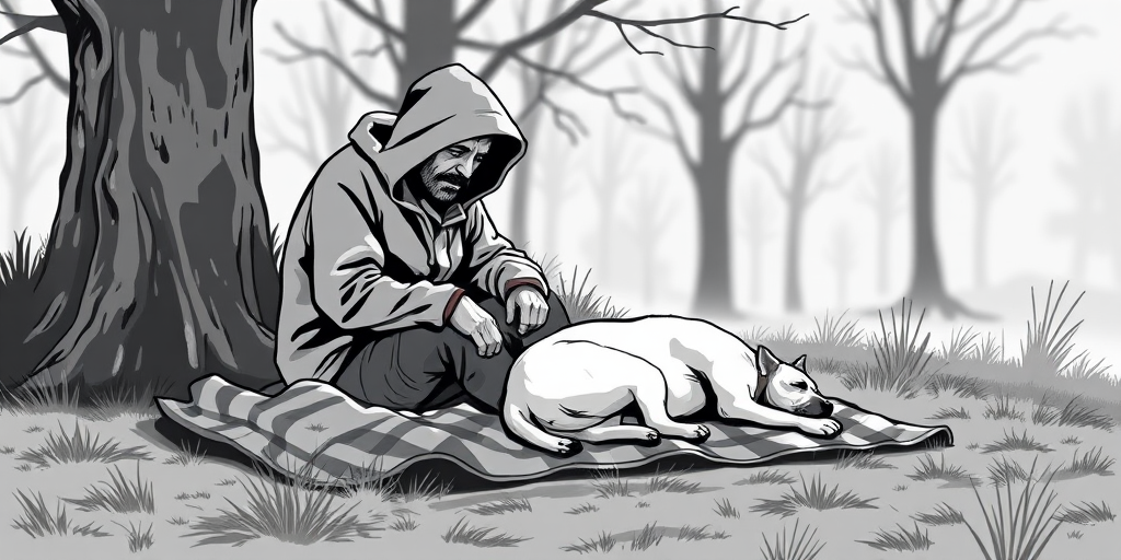 Create a high-contrast black and white illustration of a homeless man sitting on a blanket with a dog sleeping beside him, captured with a 50mm lens, f/1.8 aperture, ISO 400, in a shallow depth of field style, using a digital DSLR camera.