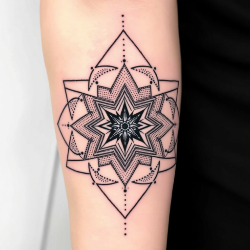 Geometric stipple tattoo, "Quantum Tessellation," combining precise dot work with clean geometric shapes to create a three-dimensional illusion, incorporating sacred geometry patterns and gradients formed by varying dot density
