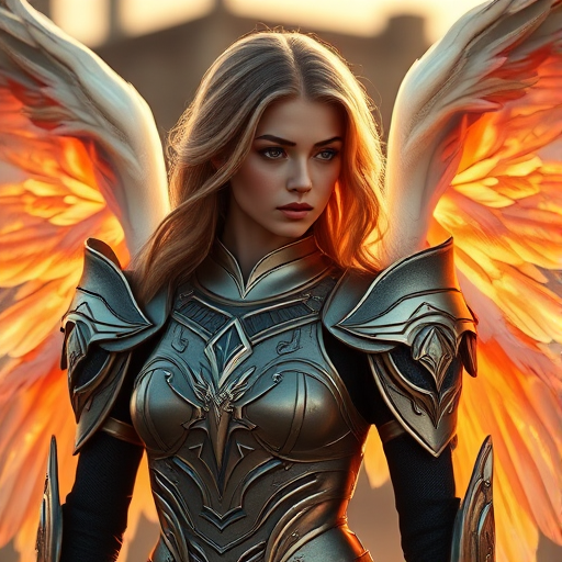 Create a stunning image of a female angel with glowing wings and intricate armor, captured in soft golden hour light, using a DSLR camera at f/2.8, ISO 100, shutter speed 1/200s, in a portrait view with a shallow depth of field to emphasize details in the armor and wings while softly blurring the background.