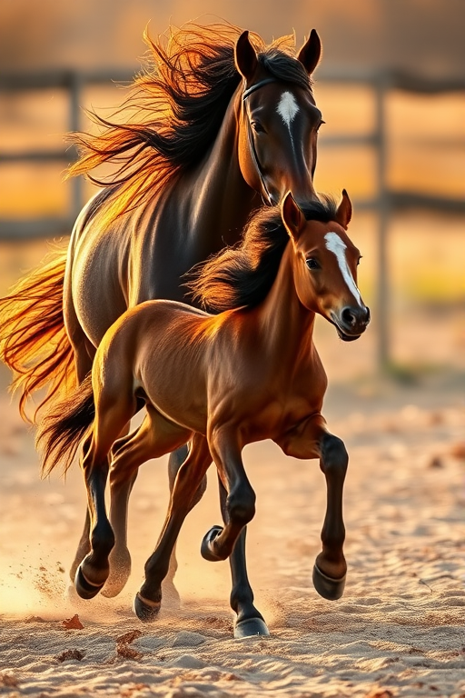 A beautiful scene of a mare and her foal running side by side in a sandy paddock, captured during golden hour with a DSLR camera, 50mm lens, aperture f/2.8, shutter speed 1/500 sec, ISO 200, focused on their flowing manes and expressive movements.