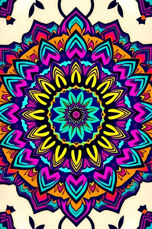 Create a vibrant, intricate mandala design with bold colors and geometric shapes, shot with a Canon EOS R5 at f/8, ISO 100, 50mm lens, top-down view, using vivid color contrast and high saturation styles for enhanced visual impact.