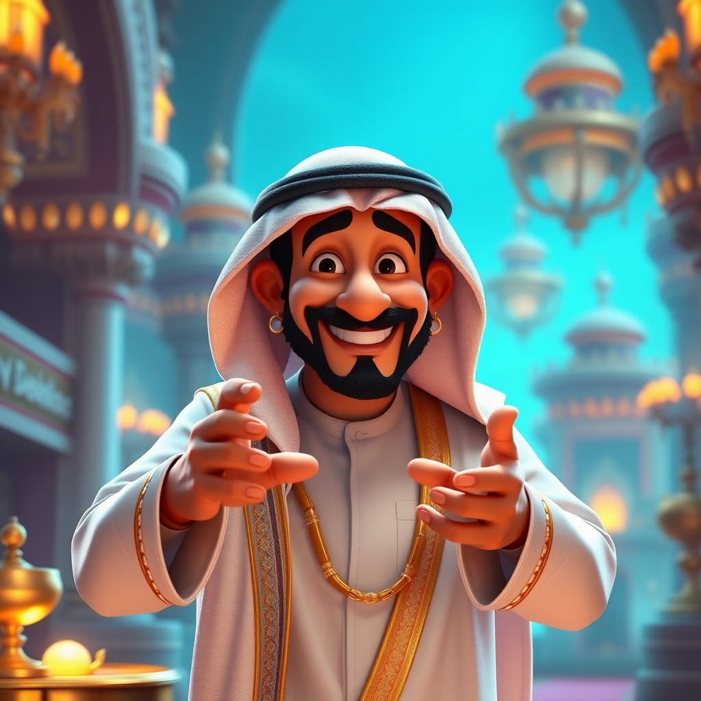 Create a 3D rendering of a wealthy Arab male sheikh from Dubai, inspired by the Disney animation style. The sheikh must have a smile and a playful but wise character. Place your character in an atmosphere of wealth and luxury. The image must be in high resolution format. Dynamic pose above the waist, gesturing with hands (Pixar Art style)++ highly detailed digital painting, art stations, concept art, soft focus, hard focus, illustrations. cinematic, visual effects, HDR, Unreal Engine 5, ray tracing, soft light, 8k, high detail, sparkling backlighting, luxury gem, game art, 3d, cartoon, colorful, magical, mysterious