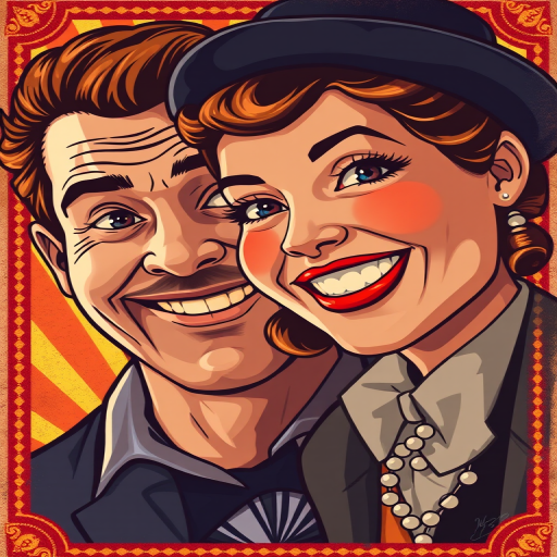 Create a high-resolution digital illustration of a vintage vaudeville poster featuring a smiling man and woman, with a colorful background, shot with a DSLR camera at f/2.8 aperture, ISO 100, 50mm lens, natural light, focus on facial expressions, vibrant colors, and enhanced texture details.
