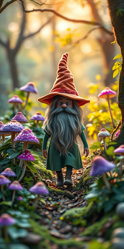Create an enchanted forest scene featuring a whimsical wizard with a curly beard and a pointy hat, walking through a mystical landscape filled with vibrant purple mushrooms, lush green plants, and ethereal swirls of light, using a DSLR camera with a focal length of 50mm, aperture f/2.8, ISO 100, and a soft focus background to enhance depth and color vibrancy.