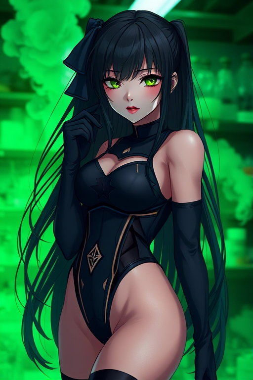 1girl, long hair, black hair, green eyes, makeup, gloves, colored skin, bodysuit, thighs, green smoke background, laboratory, depth of field, highly detailed, high contrast, film grain, Rim Lighting