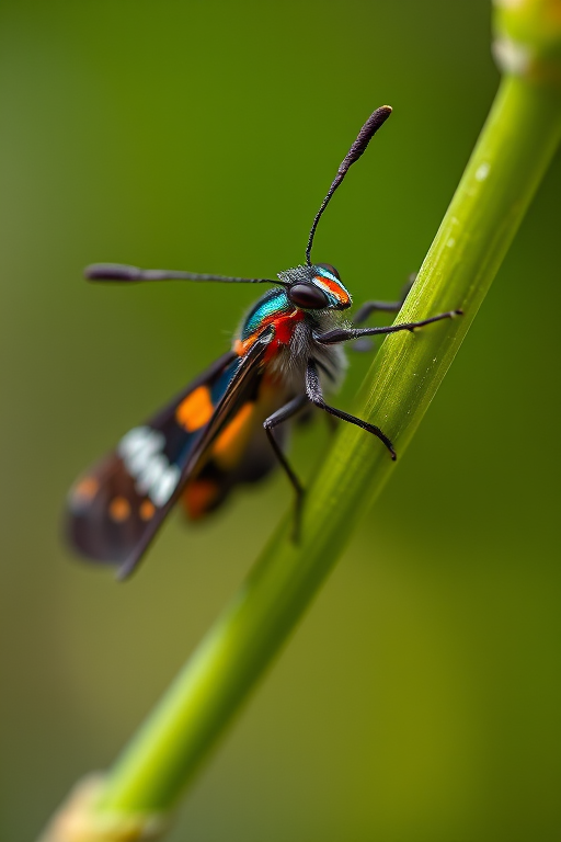 macro shot of a colorful moth resting on a green plant stem, soft natural lighting, shallow depth of field, ISO 200, f/2.8, 1/200 sec, 100mm macro lens, DSLR camera, focus on moth details and vibrant colors