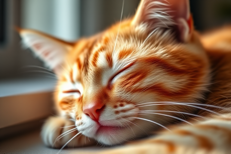 capture a close-up of a sleeping orange tabby cat with soft natural lighting, aperture f/2.8, shutter speed 1/200s, ISO 200, 50mm lens, shallow depth of field, focusing on the cat's face to highlight its fur texture