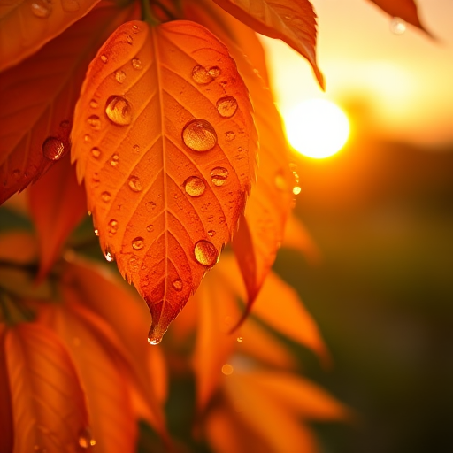 Close-up shot of vibrant orange leaves with raindrops, golden sunset in the background, 50mm lens, f/1.8 aperture, ISO 200, shallow depth of field, natural light, DSLR camera.