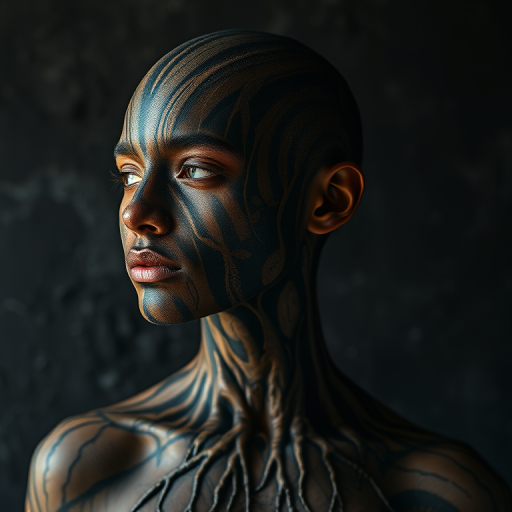 Create a hyper-realistic portrait of a person with intricate body paint resembling tree bark and roots, set against a dark, textured background that mimics natural elements, captured with a Canon EOS R5, 50mm lens, f/1.8 aperture, ISO 200, under diffused natural lighting.