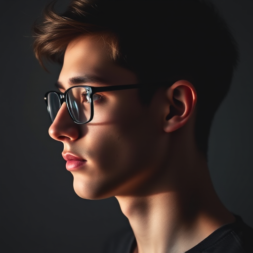 Create a high-resolution profile portrait of a young man with glasses, captured in low light to emphasize shadows, using a DSLR camera with a 50mm lens at f/1.8, ISO 200, and a shutter speed of 1/60 seconds, in a studio setting with soft lighting to enhance facial features.