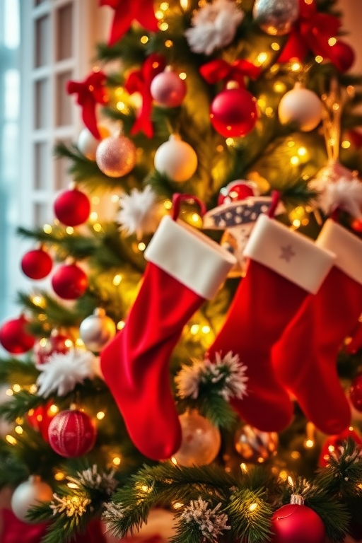 A beautifully decorated Christmas tree with red stockings and ornaments, soft focus background, warm lighting, camera settings: f/2.8, ISO 400, shutter speed 1/60s, angle view at eye level, using a DSLR camera with a 50mm lens.