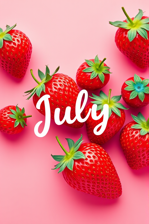 Create a vibrant digital illustration of stylized strawberries in a coral pink background with blue accents, featuring the text "July" in a playful cursive font, shot with a Canon EOS R5 at f/2.8, ISO 100, 50mm lens, top-down perspective, high saturation and soft focus for a whimsical feel.