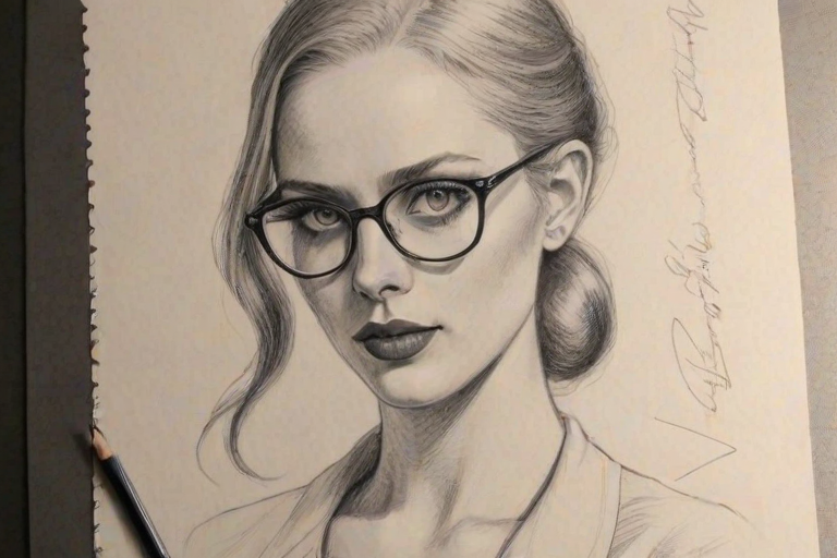 Splendid Deborah Ann Woll, pencil sketch, portrait of Fascinating woman 1927s in glasses, hair style beatnik, outline, clear lines, fine lines, 8k