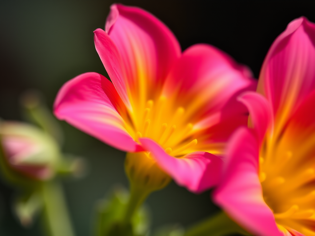 close-up of a vibrant pink and yellow flower, macro photography, f/2.8, ISO 100, 50mm lens, natural lighting, shallow depth of field, high resolution image