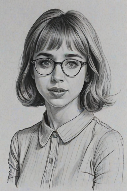 Ravishing Zoe Kazan, pencil sketch, portrait of Enticing woman 1963s in glasses, hair style beatnik, outline, clear lines, fine lines, 8k
