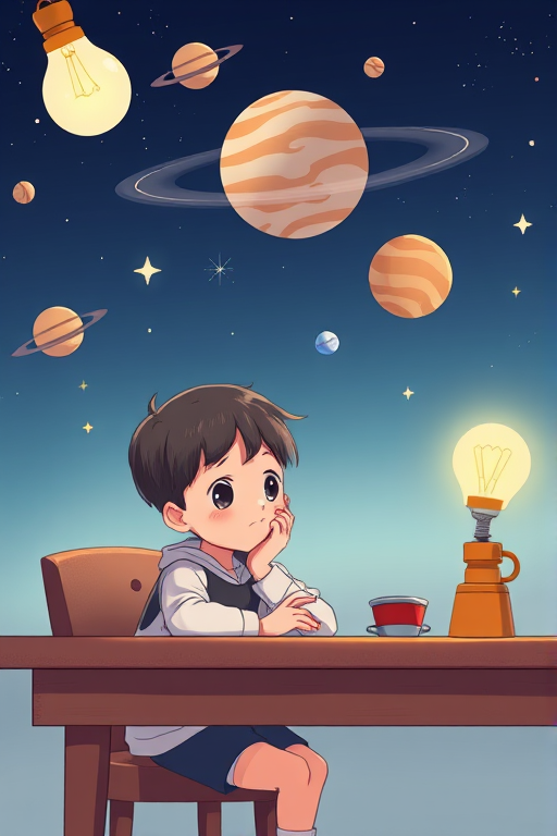 Create an illustration of a young boy sitting at a table, looking thoughtfully, with planets and light bulbs orbiting above his head, using a high-resolution digital art style, with a soft color palette and smooth lines, captured as if taken with a DSLR camera at f/2.8, ISO 100, 50mm lens, with a soft focus background and sharp foreground details.