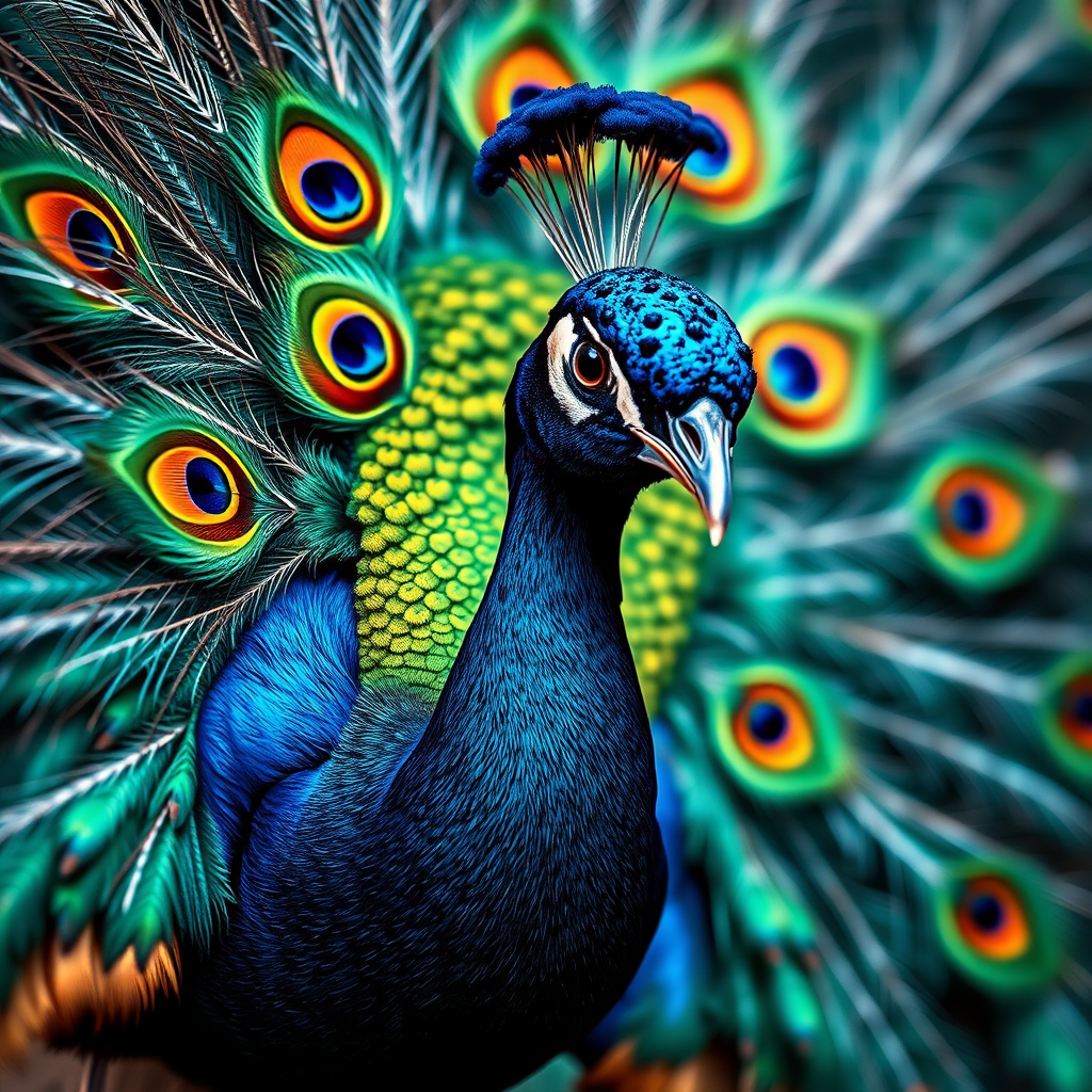 Create a vibrant illustration of a peacock with an intricate feather pattern, use a soft-focus lens with a shallow depth of field, set the aperture to f/2.8, shoot from a low angle, use a full-frame DSLR camera, and enhance colors in post-processing for a vivid finish.