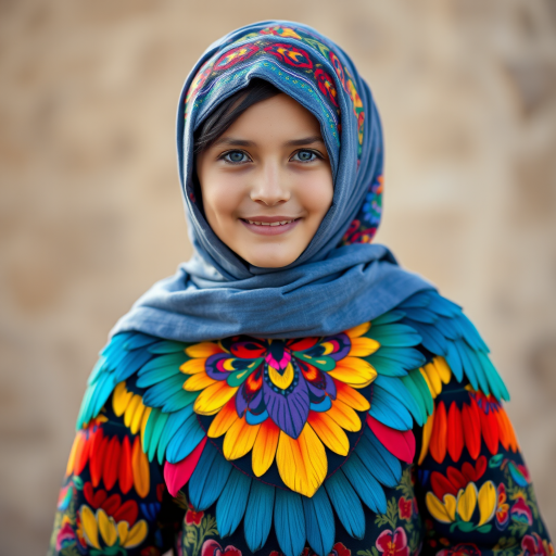 A beautiful Uzbek girl, wearing colorful bird clothing with vibrant colors