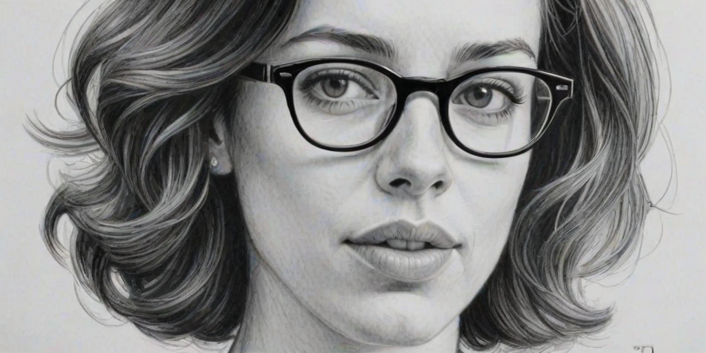 Resplendent Rebecca Hall, pencil sketch, portrait of Magnificent woman 1962s in glasses, hair style beatnik, outline, clear lines, fine lines, 8k