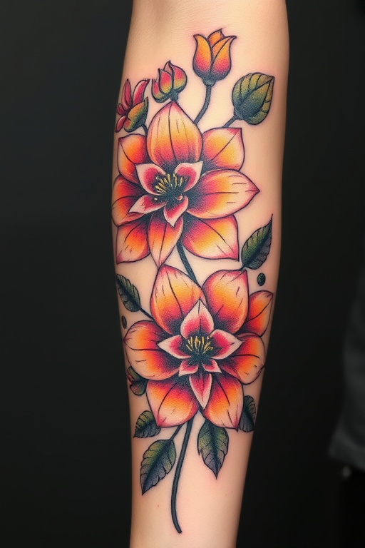 Neo-traditional tattoo style entitled "Floral Reverie" showcasing bold outlines, vibrant color gradients, and stylized flowers with a modern twist, suitable for arm or thigh placement