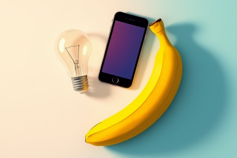 Create a vibrant illustration of a light bulb, a smartphone, and a banana arranged playfully, using a digital art style, shot from a top-down view with a 50mm lens, f/2.8 aperture, ISO 100, and soft natural lighting to enhance clarity and color saturation.