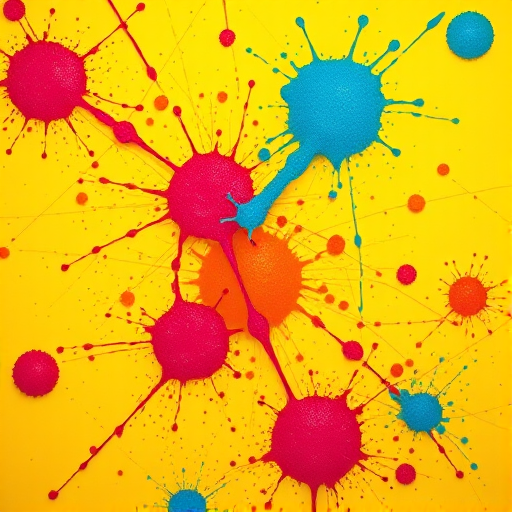 Create an abstract digital art piece featuring vibrant splashes of color on a bright yellow background, captured with a high-resolution DSLR camera, focal length of 50mm, aperture set at f/2.8, ISO 100, top-down view, in vivid HDR style for enhanced detail and depth.