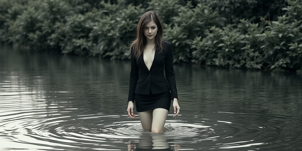 a woman in a black suit standing in shallow water with her hair down, surrounded by greenery, in a monochrome style