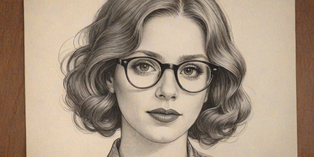 Sublime Vanessa Bayer, pencil sketch, portrait of Charming woman 1927s in glasses, hair style beatnik, outline, clear lines, fine lines, 8k