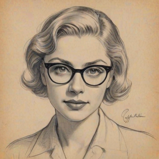 Delightful Greta Garwig, pencil sketch, portrait of Magnificent woman 1933s in glasses, hair style beatnik, outline, clear lines, fine lines, 8k