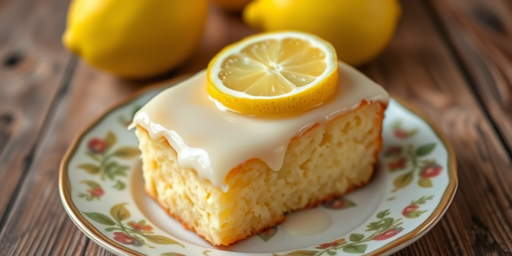 A slice of lemon cake topped with a shiny lemon glaze and garnished with a lemon slice on a decorative plate with a whole lemon in the background. The cake has a light golden color and a moist texture, placed on a rustic wooden table.