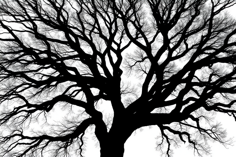 Create a high-contrast black and white image of a large tree with intricate branches silhouetted against a white background, using a DSLR camera with a 50mm lens at f/8, ISO 100, 1/200s, capturing the scene from a low angle to emphasize the tree's height and the details of its branches.