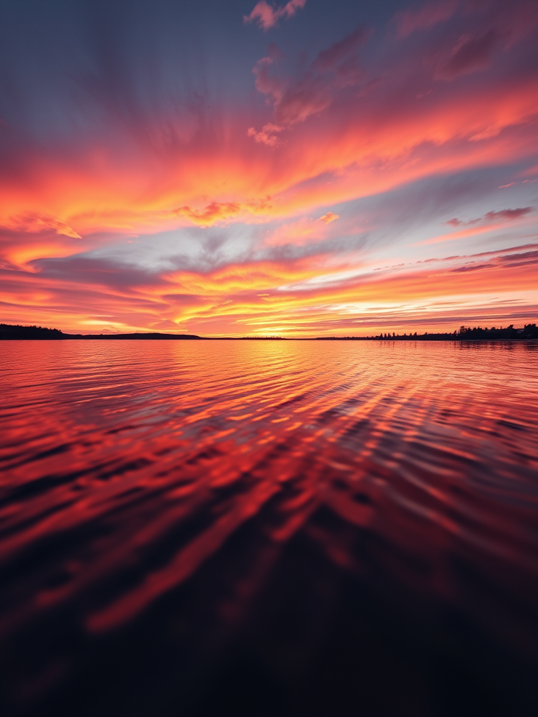 Create a highly detailed image of a sunset over a serene lake with vibrant oranges, pinks, and purples in the sky, using a Canon EOS R5 camera, 35mm lens, f/2.8 aperture, ISO 100, and a shutter speed of 1/60 sec, shot from a low angle to capture the reflection on the water's surface.