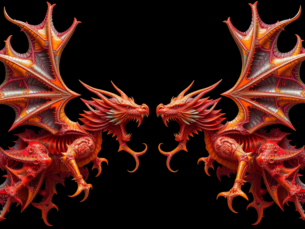 Create a high-resolution fractal artwork featuring two intricately designed dragon-like figures with fiery orange and metallic accents against a black background, captured with a DSLR camera using a 50mm lens at f/1.8, ISO 100, and a shutter speed of 1/125s, employing a macro photography style to emphasize detail and texture.