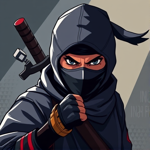 create an illustrated image of a ninja with dramatic lighting and shadows, using a Canon EOS R5 camera with a 50mm f/1.8 lens, ISO 100, aperture f/2.8, captured at eye level to enhance details and textures in a vector art style