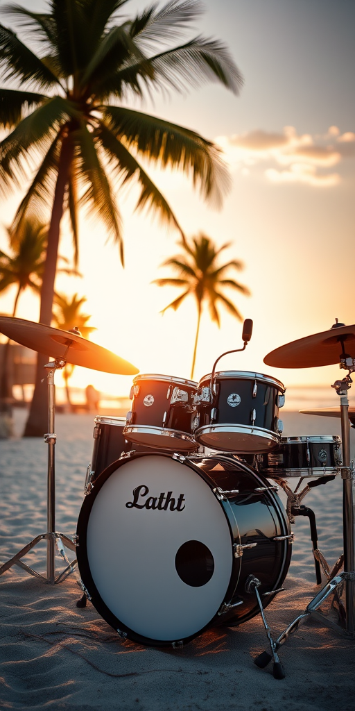drum set on a sunny beach at sunset with palm trees in the background, aperture f/2.8, shutter speed 1/200s, ISO 100, 35mm lens, low angle shot, natural light photography, focus on the drum set with a slight bokeh effect in the background
