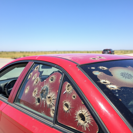 A red car riddled with bullet holes and shattered windows, parked under clear skies in an open area.