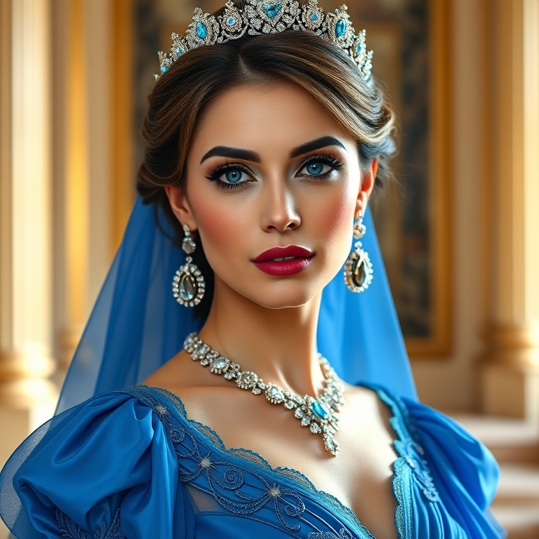 A gorgeous Georgian woman in a luxurious blue gown, accessorized with a dazzling tiara and statement earrings, her deep blue eyes highlighted by impeccable makeup, poised in a royal setting, photorealistic, 8K quality