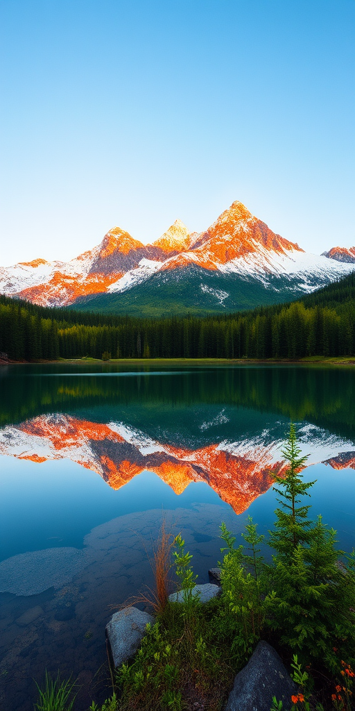 Capture a serene mountain landscape at sunrise, featuring snow-capped peaks reflecting in a tranquil lake, surrounded by vibrant green forests, use a Canon EOS R5, ISO 100, f/8, 1/250s, 24mm wide-angle lens, in natural lighting for enhanced image quality.