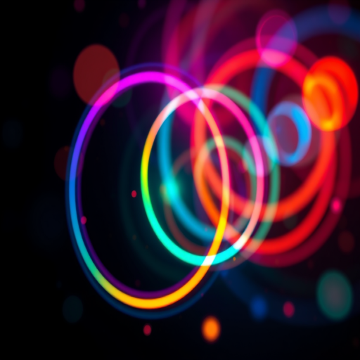 Create an abstract digital art image of swirling neon circles with vibrant colors and glowing particles in a dark background, shot with a DSLR camera at f/2.8 aperture, 50mm lens, ISO 100, in macro view, using a long exposure technique for enhanced light trails and clarity.