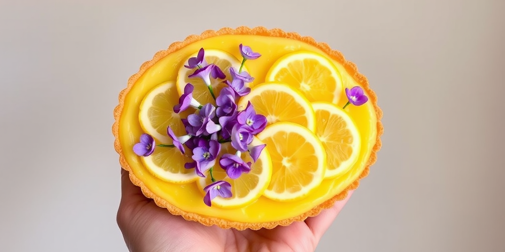 A beautifully arranged oval dessert with a smooth yellow surface topped with fresh lemon slices and delicate purple flowers, held by a hand against a neutral background.