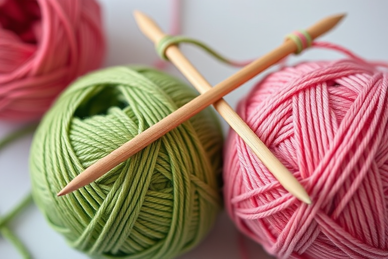 Create a high-resolution image of two balls of yarn, one green and one pink, crossed by a pair of knitting needles, captured with a Canon EOS R5, at f/2.8, ISO 100, 50mm lens, using a soft focus style to enhance color vibrancy and texture.