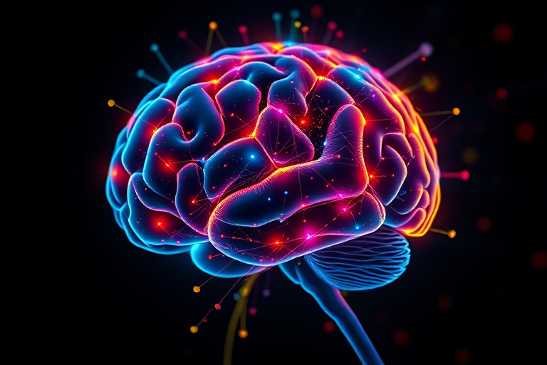 Create a vibrant illustration of a human brain with colorful neural connections and light effects in a dark background, captured with a Canon EOS R5, using a 50mm f/1.8 lens, at ISO 100, aperture f/8, and a long exposure to enhance the glow and details.