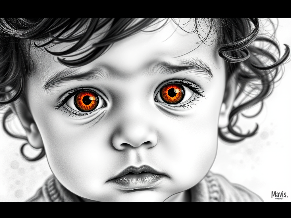A hyperdetailed photorealistic black and white sketch of a beautiful toddler with deep orange eyes, with a macro focus