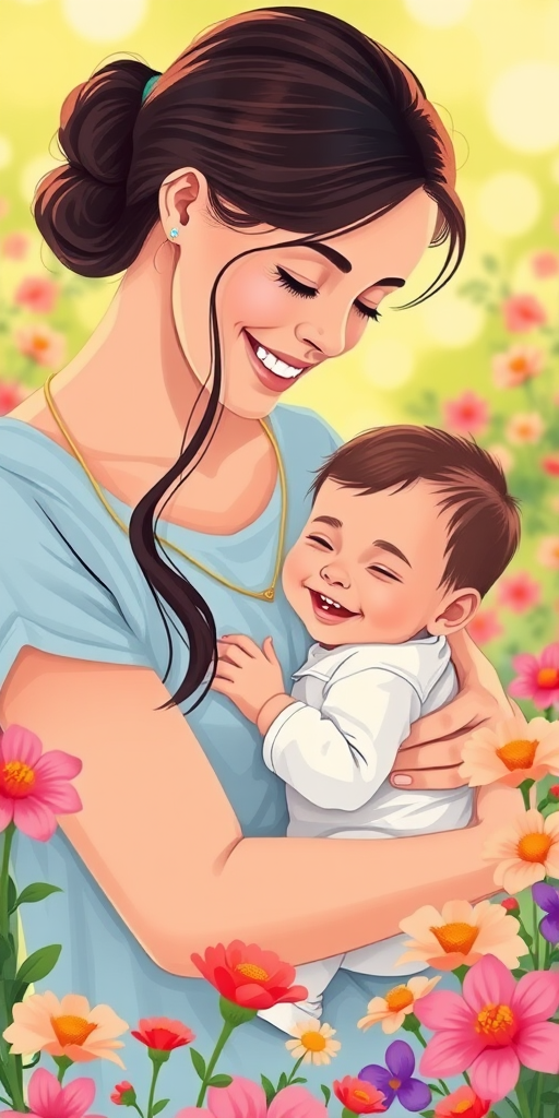 Create a colorful illustration of a mother gently holding her baby, both smiling contently, surrounded by vibrant flowers in a soft-focus background, using a Canon EOS R5 with a 50mm f/1.2 lens, aperture set to f/2.8, ISO 100, and natural light for a warm glow.