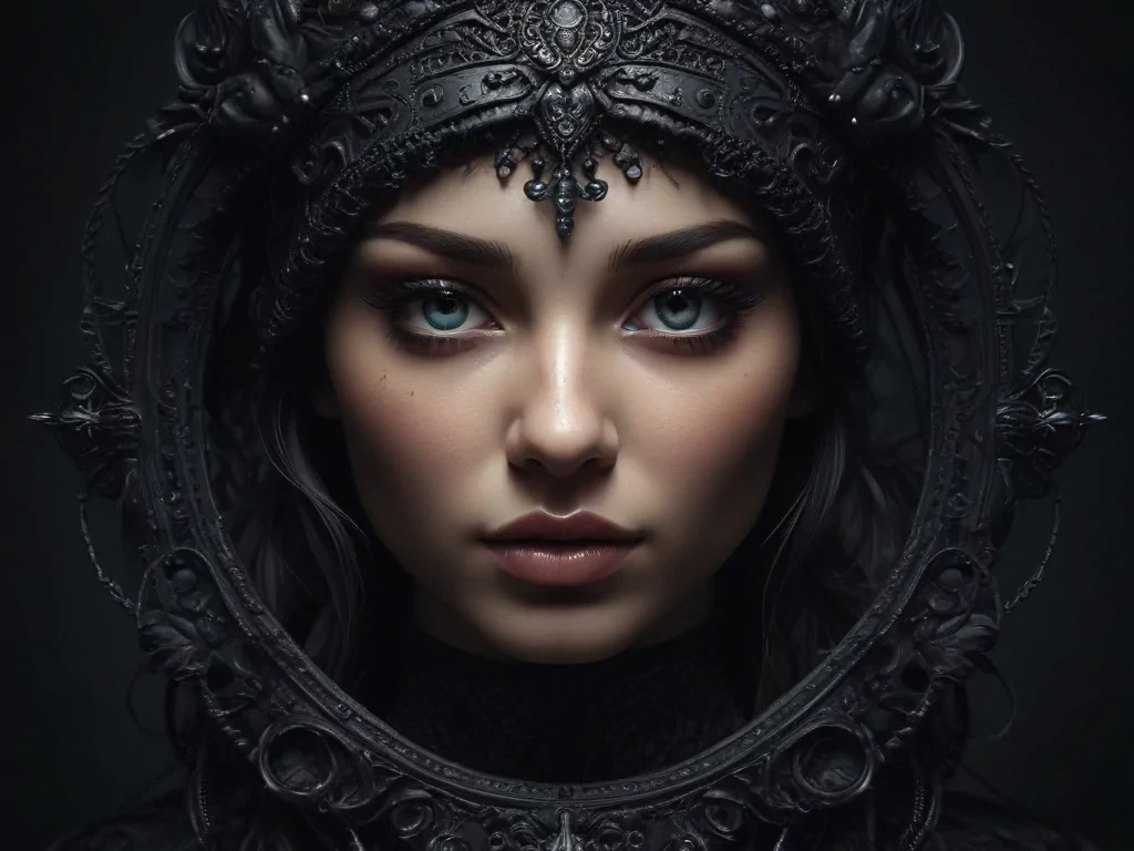 Enigmatic Portrait of a Young Woman Framed by an Intricate Black Mirror