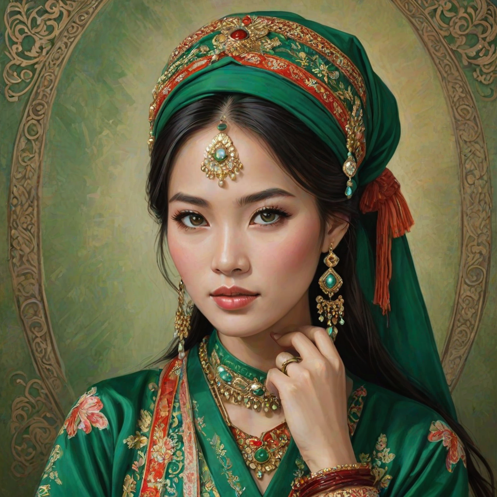 Create a portrait of a beautiful Vietnamese woman with striking green eyes and a gentle expression. She is adorned in traditional attire with intricate patterns, including a richly embroidered headscarf and matching garments. Her jewelry includes a delicate headpiece, dangling earrings, and ornate bracelets, all featuring vibrant gemstones and detailed metalwork. The background is soft and warm, enhancing the rich colors of her outfit and jewelry.